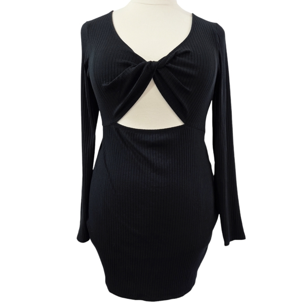 American Eagle NWT Black Ribbed Knit Twist Cutout Front Long Sleeve Mini Dress